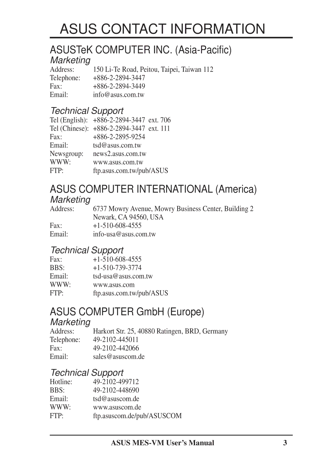 Asus MES-VM user manual Asus Contact Information, ASUSTeK Computer INC. Asia-Pacific, Asus Computer International America 