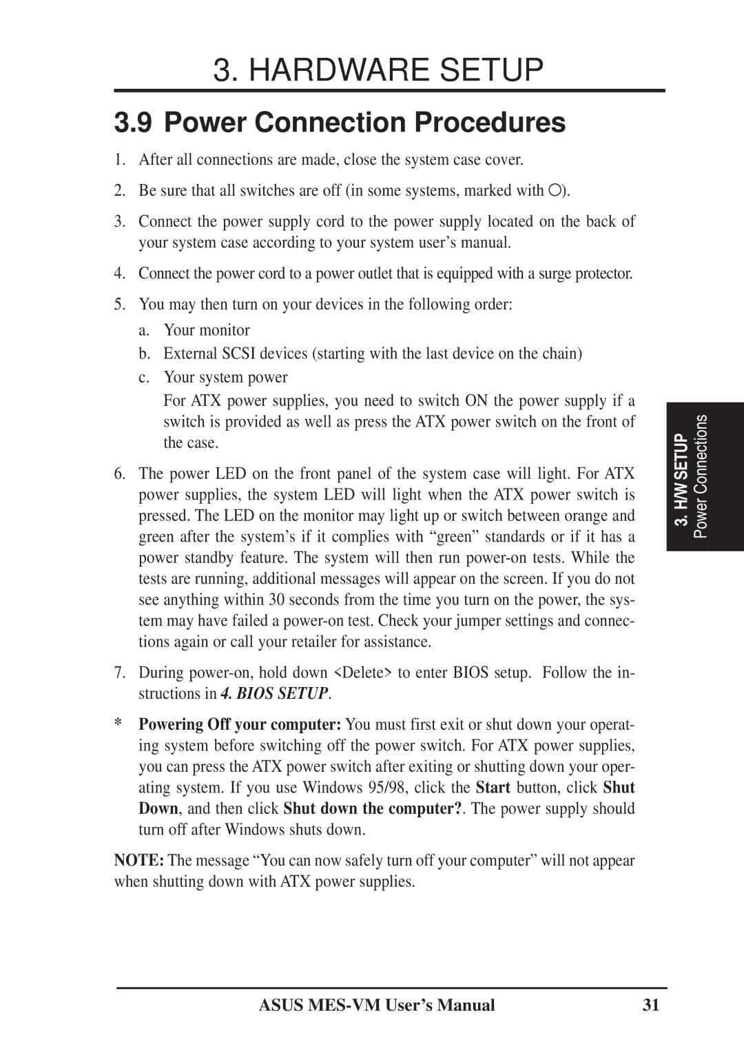 Asus MES-VM user manual Power Connection Procedures 