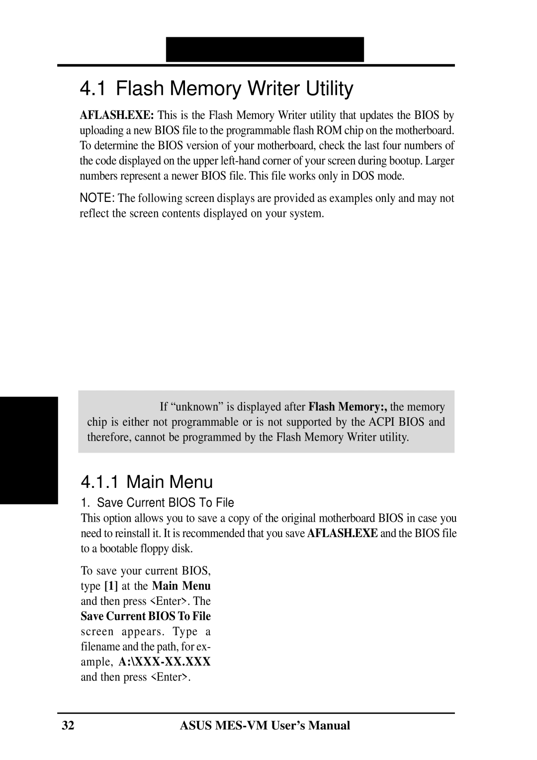 Asus MES-VM user manual Bios Setup, Flash Memory Writer Utility, Main Menu, Save Current Bios To File 