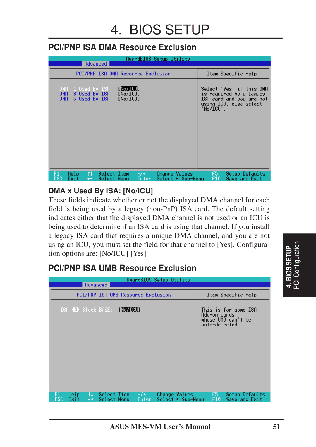 Asus MES-VM user manual PCI/PNP ISA DMA Resource Exclusion, DMA x Used By ISA No/ICU 