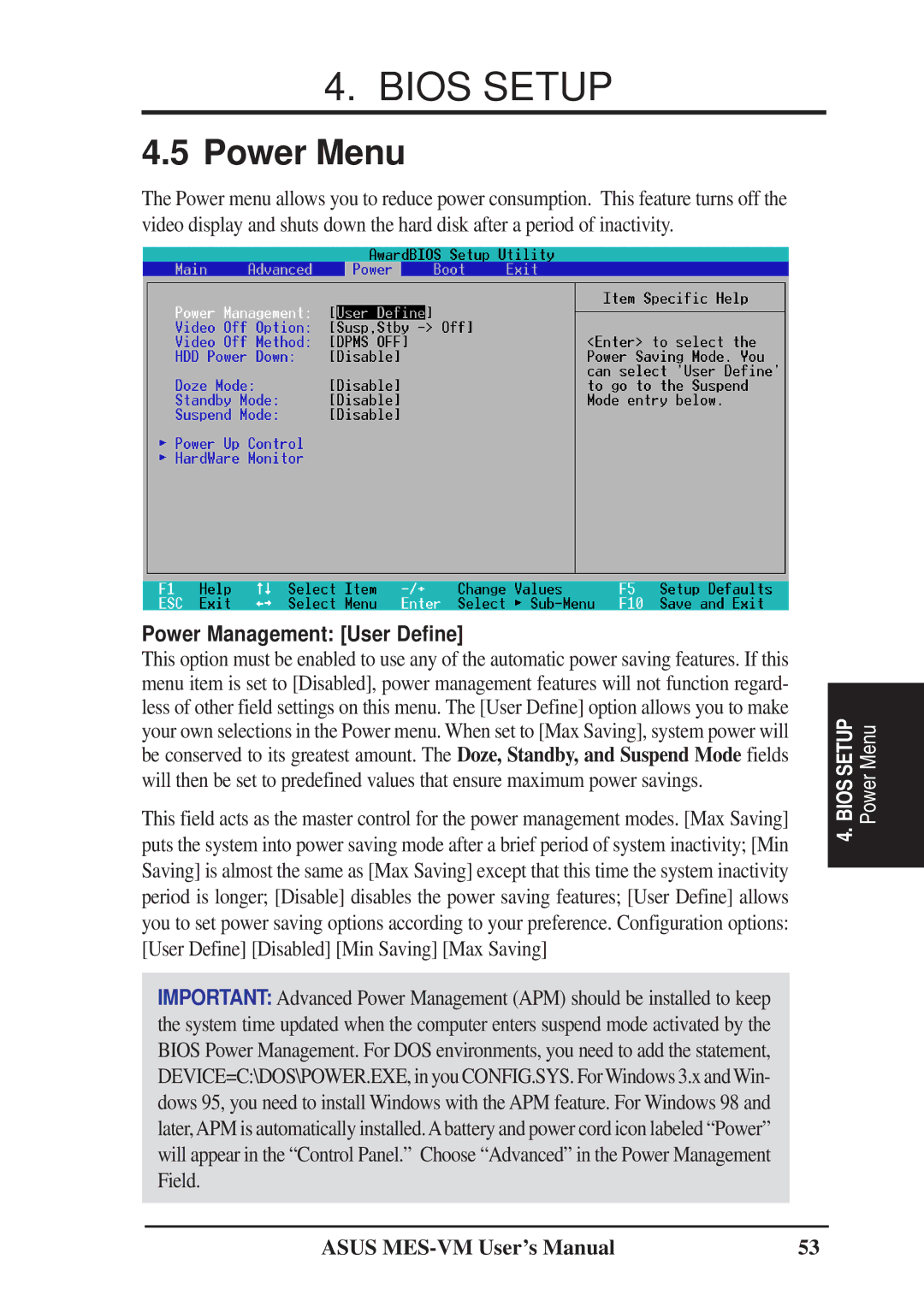 Asus MES-VM user manual Power Menu, Power Management User Define 