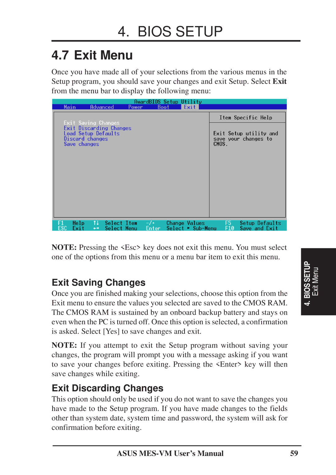 Asus MES-VM user manual Exit Menu, Exit Saving Changes 