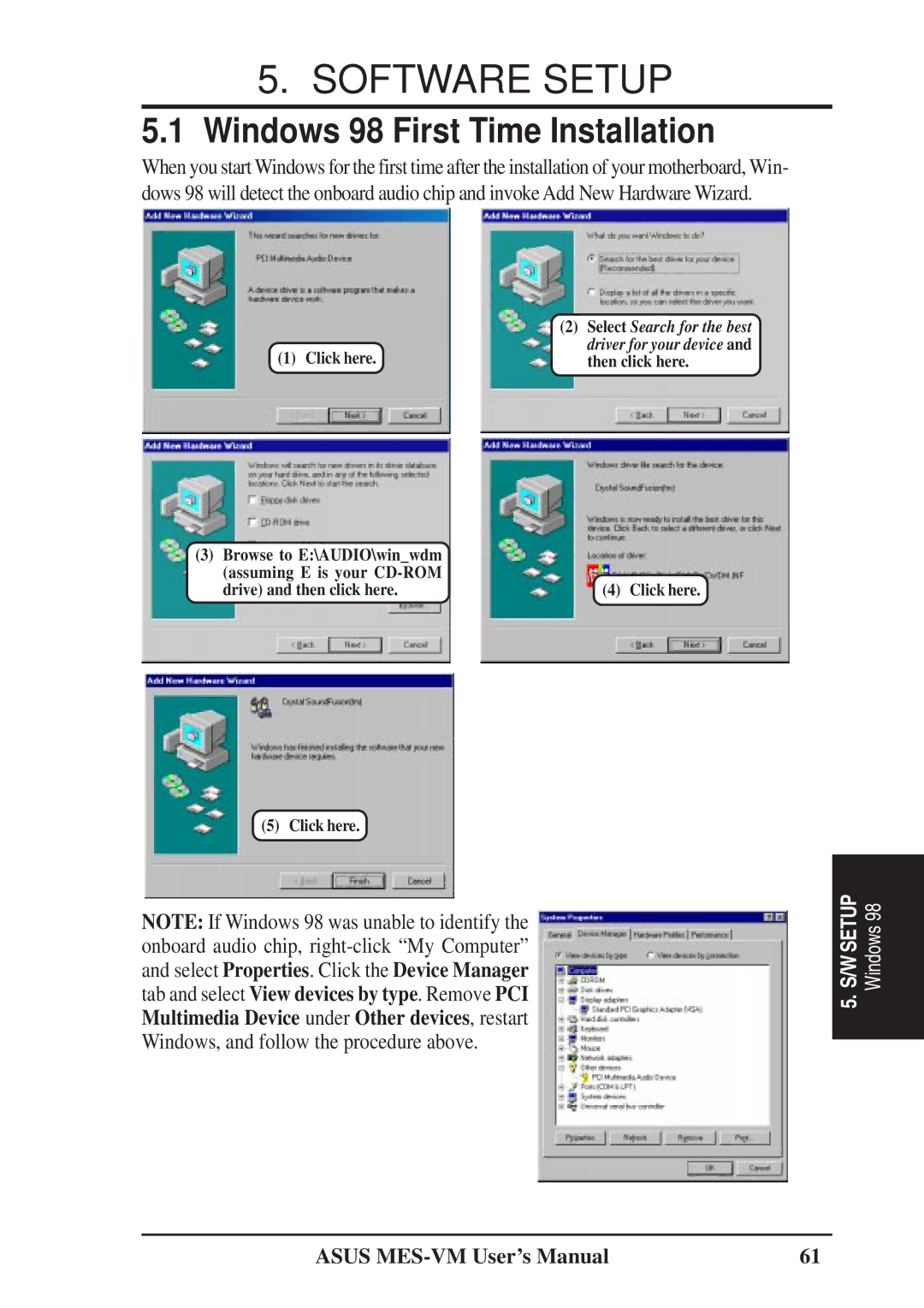 Asus MES-VM user manual Software Setup, Windows 98 First Time Installation 