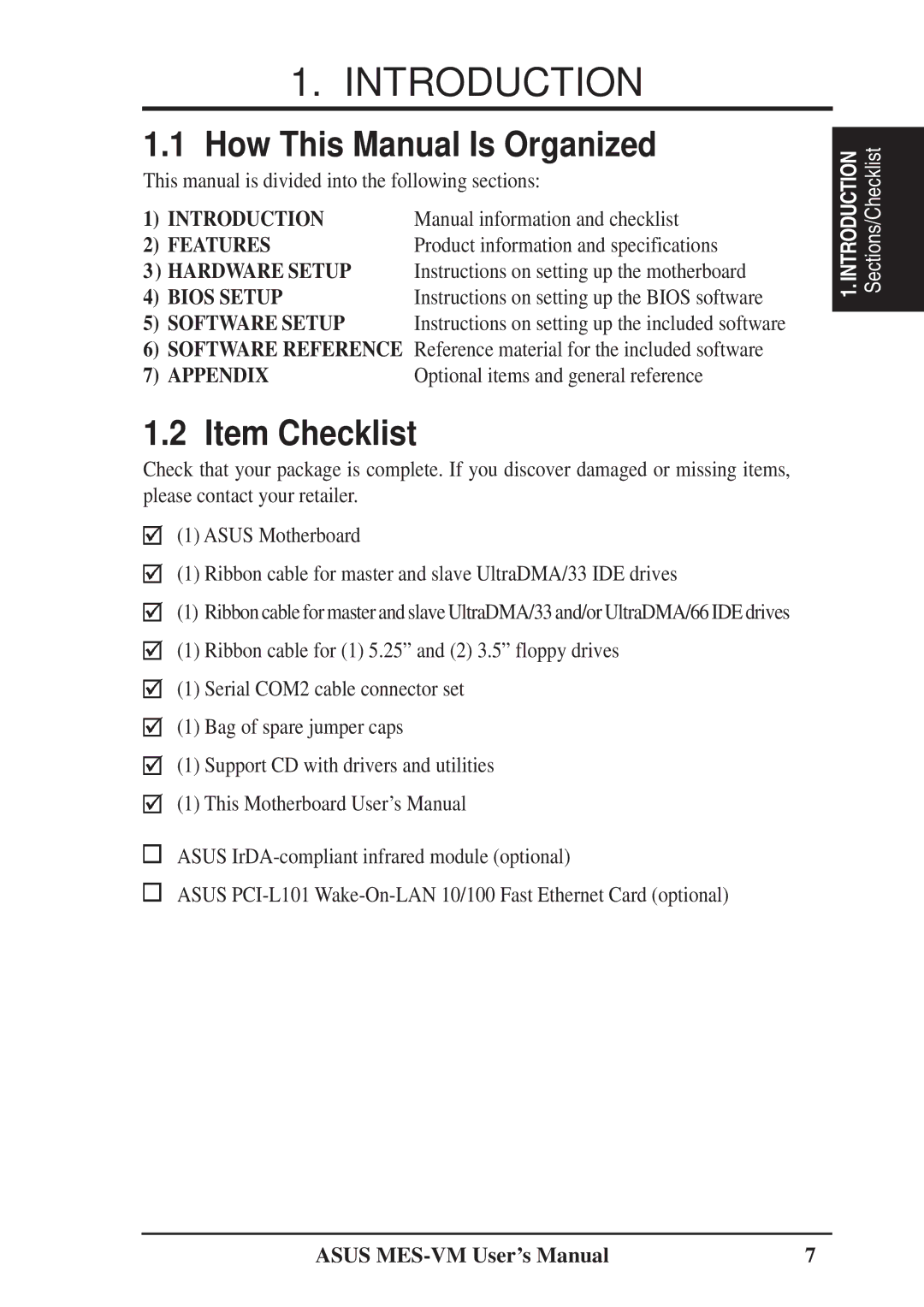 Asus MES-VM user manual Introduction, How This Manual Is Organized, Item Checklist 