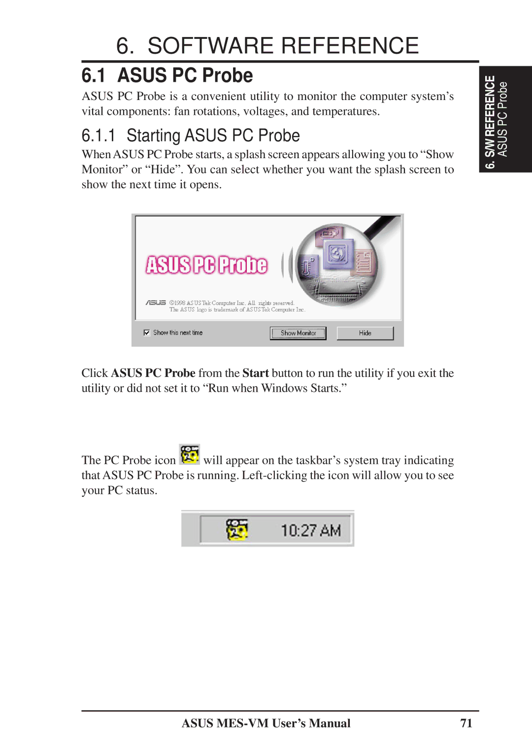 Asus MES-VM user manual Software Reference, Starting Asus PC Probe 