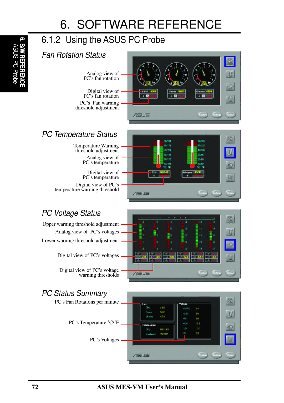 Asus MES-VM user manual Using the Asus PC Probe, Fan Rotation Status 