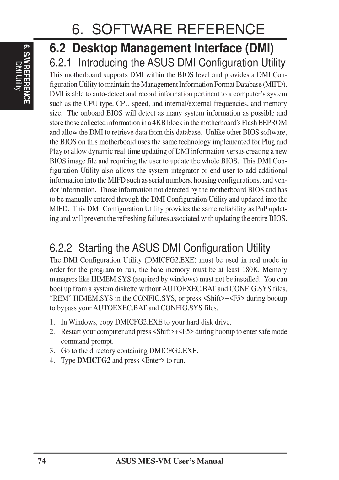 Asus MES-VM user manual Desktop Management Interface DMI, Introducing the Asus DMI Configuration Utility 