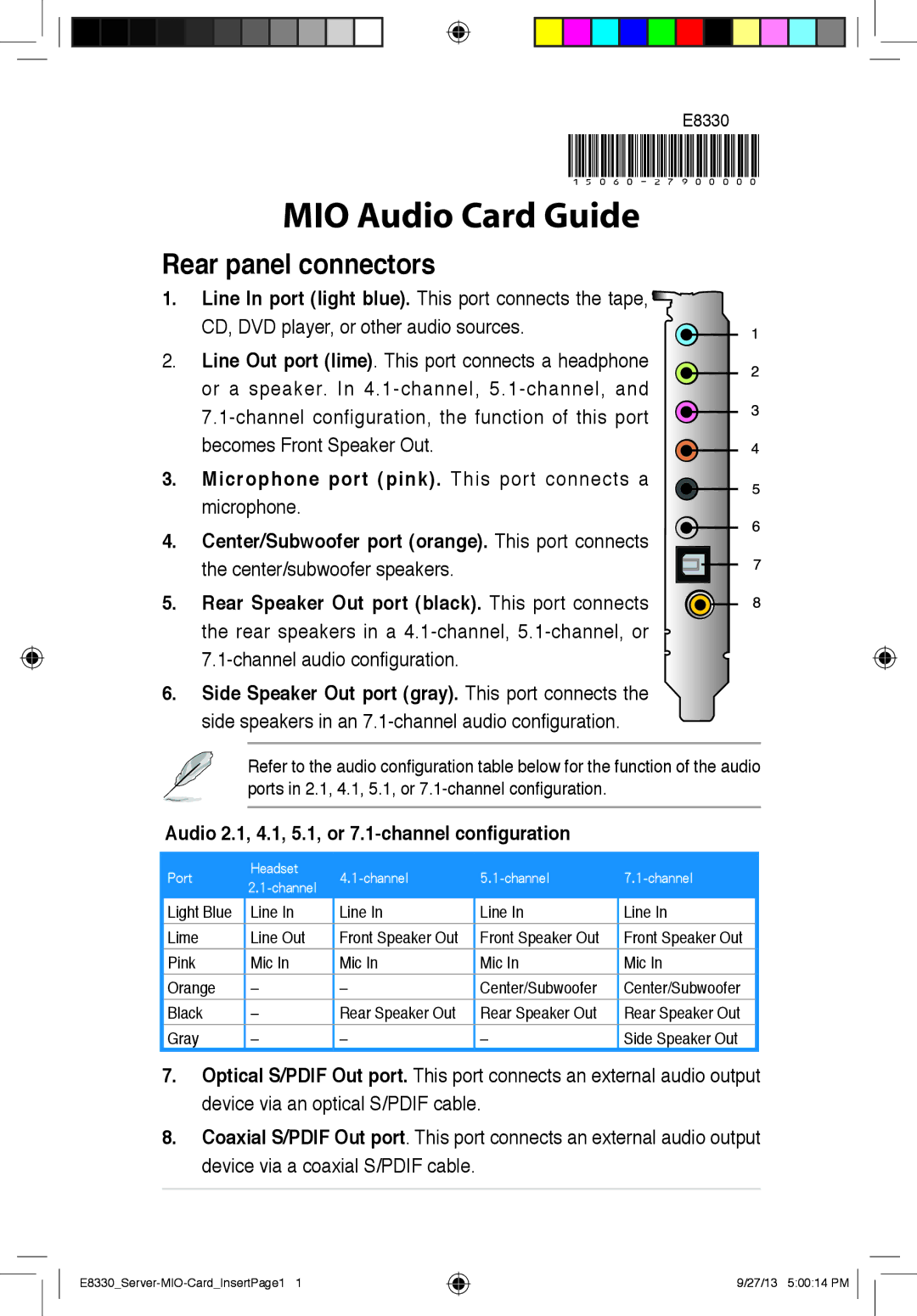 Asus MIOAUDIO892 manual MIO Audio Card Guide, Rear panel connectors, Audio 2.1, 4.1, 5.1, or 7.1-channel configuration 