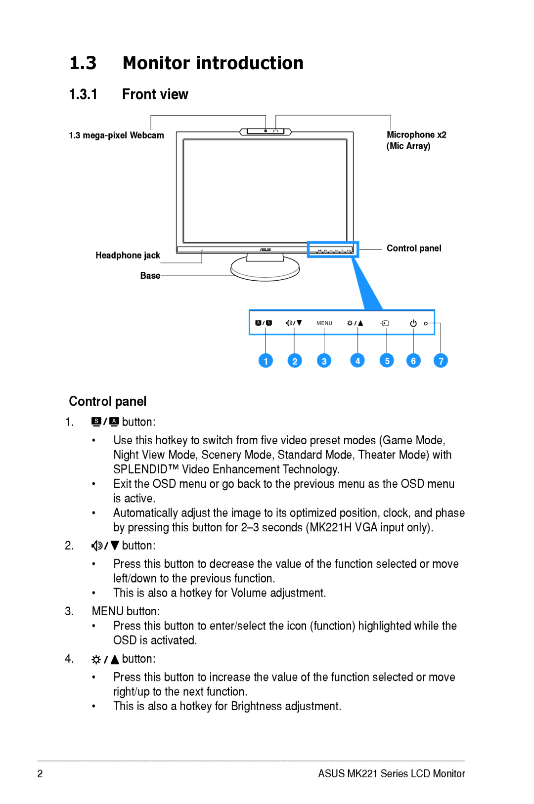 Asus MK221 user manual Monitor introduction, Front view, Control panel, Button 