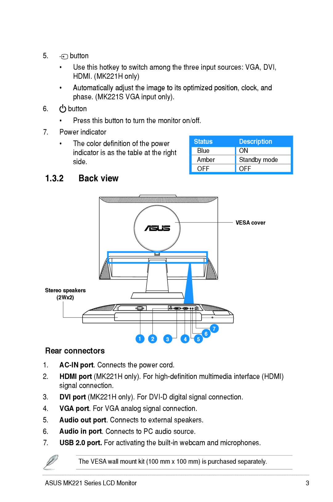 Asus MK221 user manual Back view, Rear connectors, Side, Status Description 