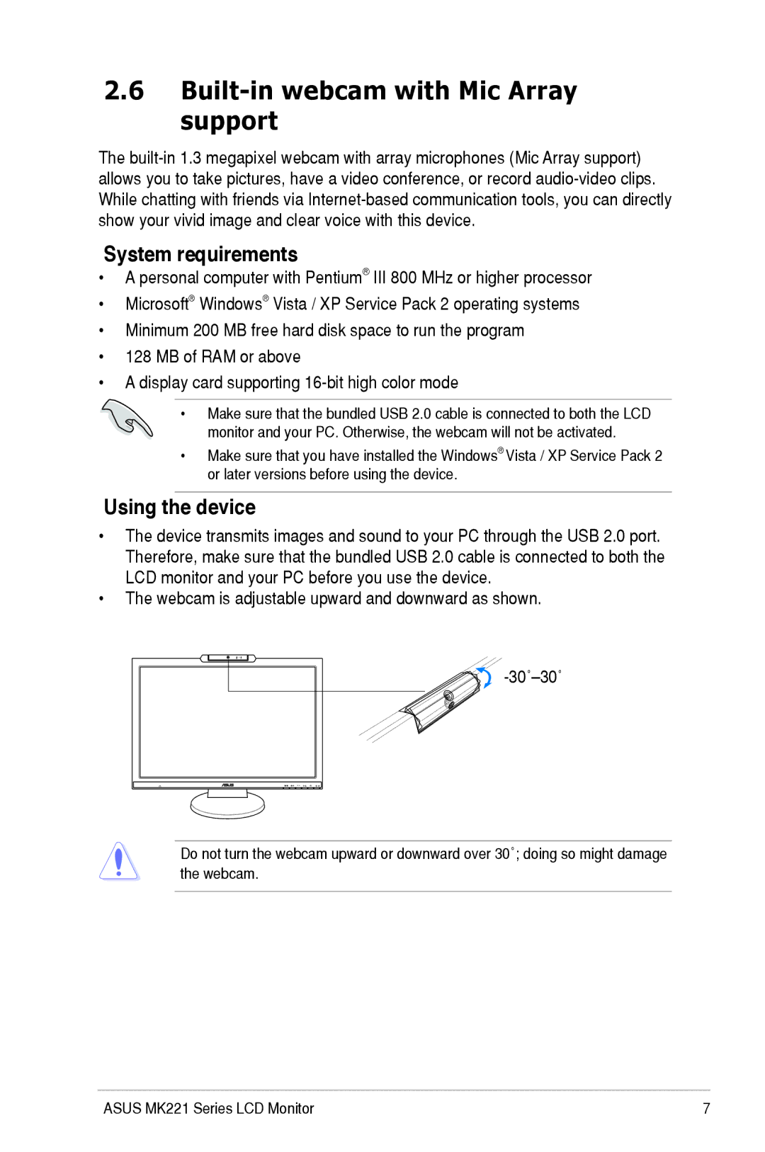 Asus MK221 user manual Built-in webcam with Mic Array support, System requirements, Using the device 