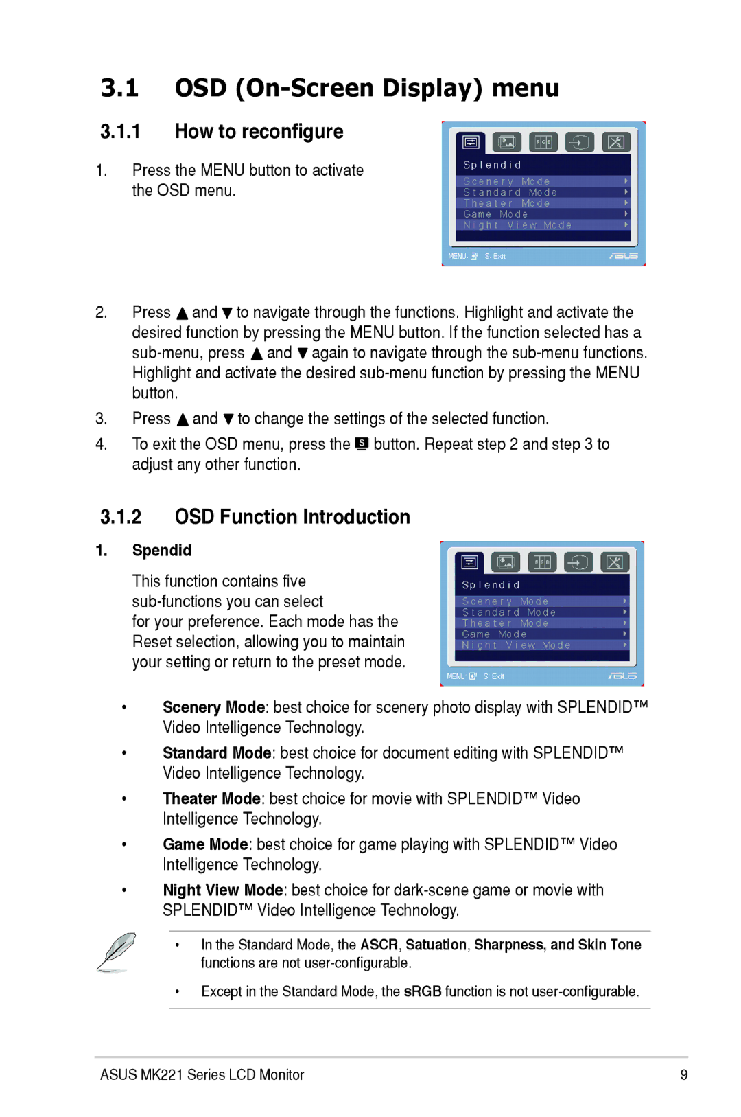 Asus MK221 user manual OSD On-Screen Display menu, How to reconfigure, OSD Function Introduction, Spendid 