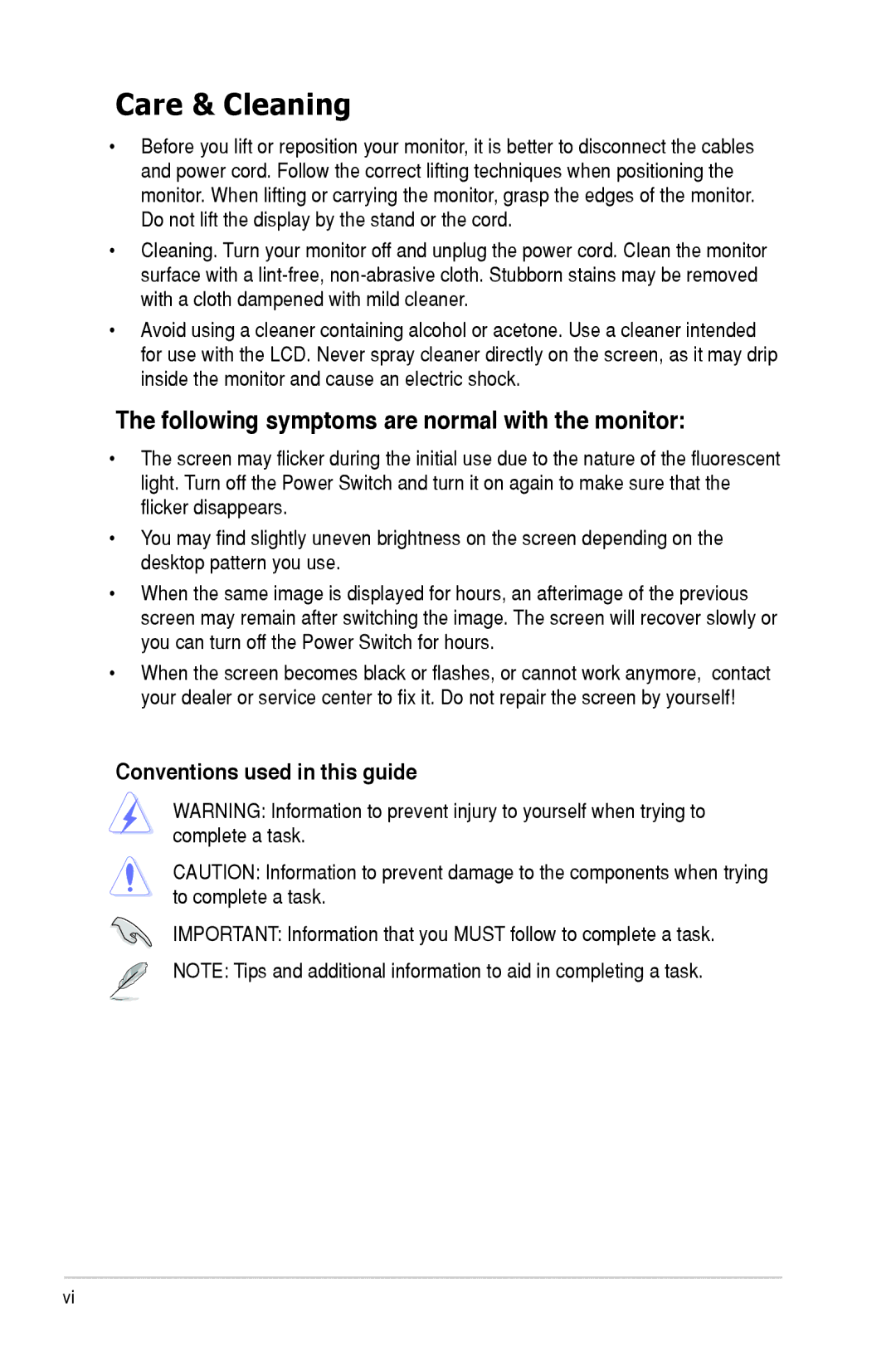 Asus MK221 user manual Care & Cleaning, Following symptoms are normal with the monitor, Conventions used in this guide 