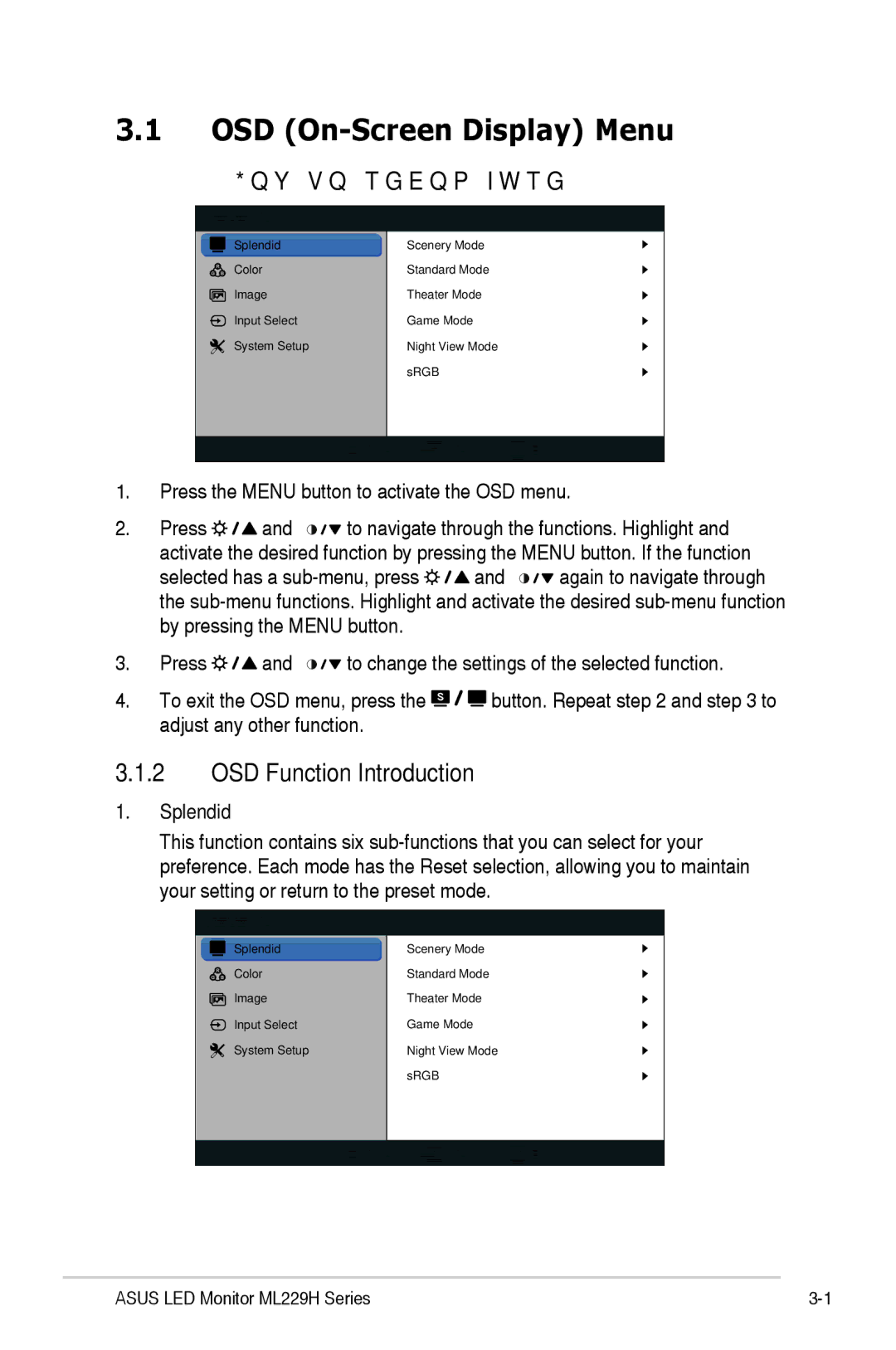 Asus ML229H manual OSD On-Screen Display Menu, How to reconfigure, OSD Function Introduction, Splendid 