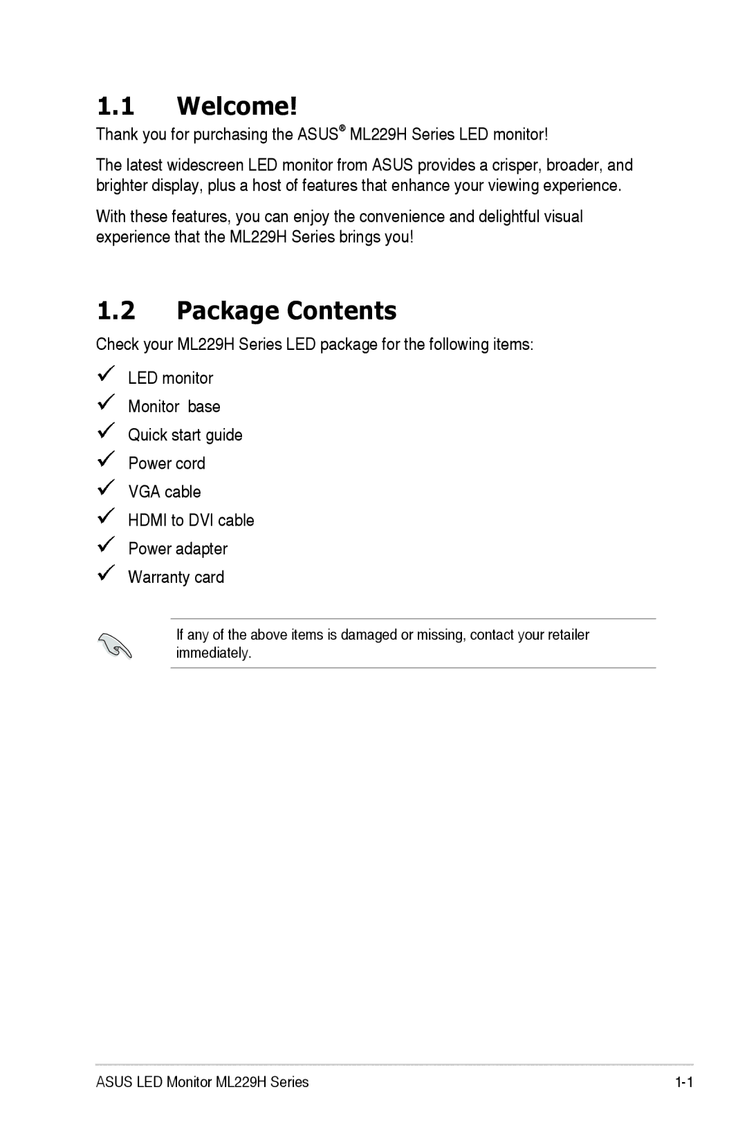 Asus ML229H manual Welcome, Package Contents 