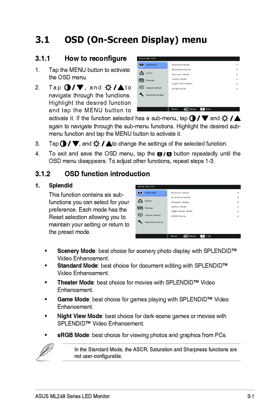 Asus ML249 manual OSD On-Screen Display menu, How to reconfigure, OSD function introduction, Splendid 