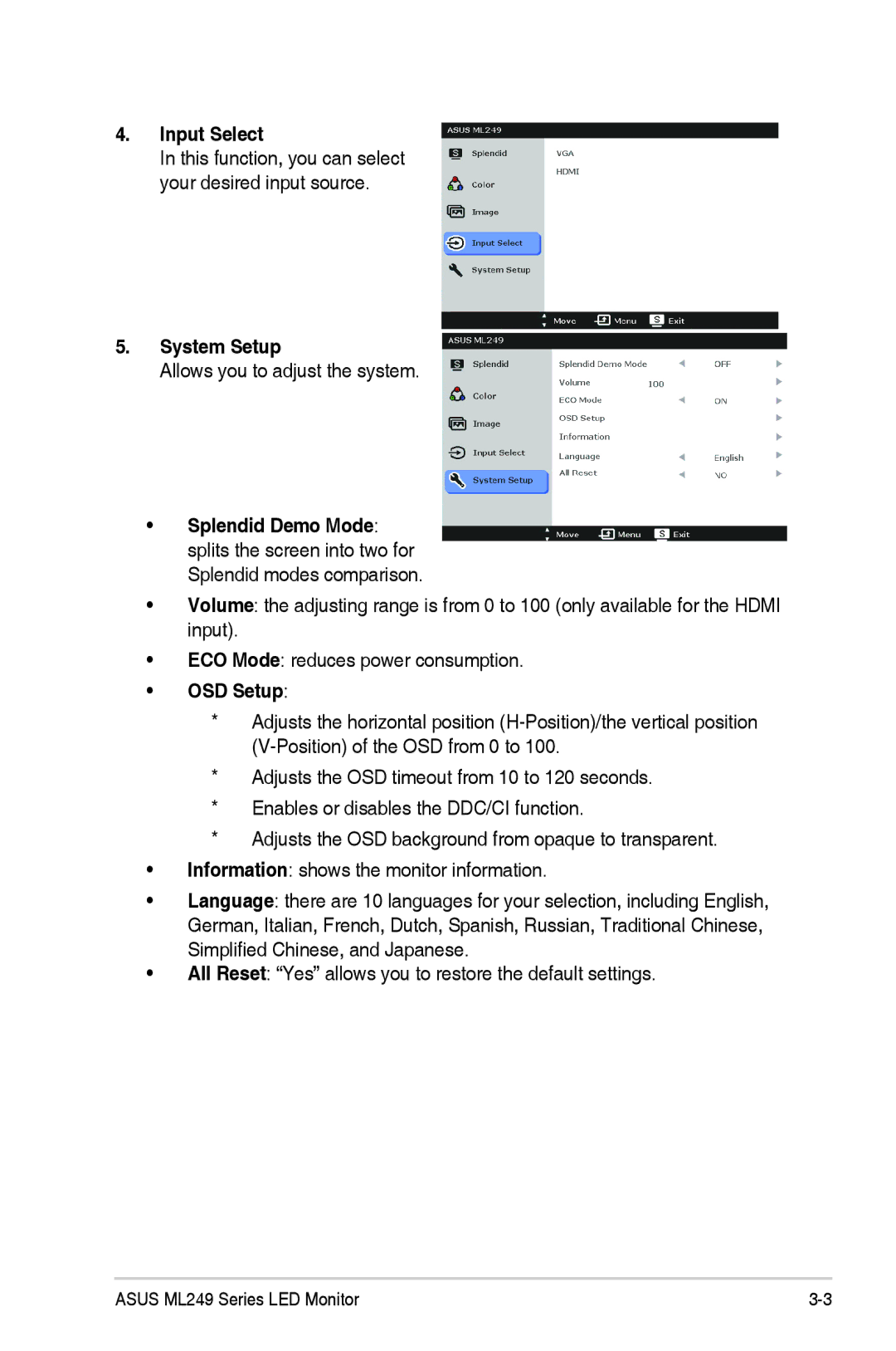 Asus ML249 manual Input Select, System Setup, OSD Setup 