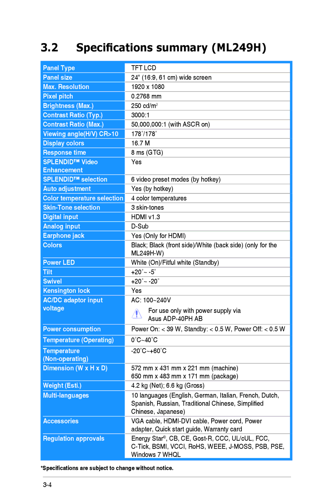 Asus manual Specifications summary ML249H, Tft Lcd 