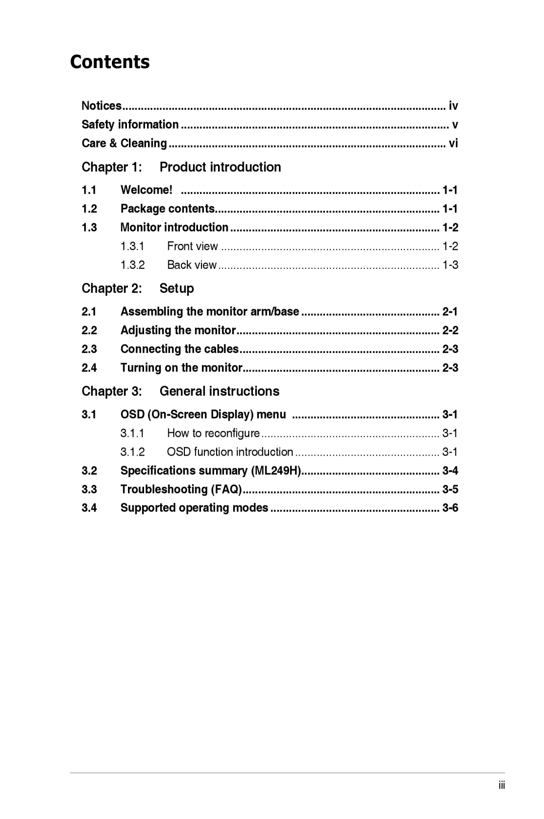 Asus ML249 manual Contents 