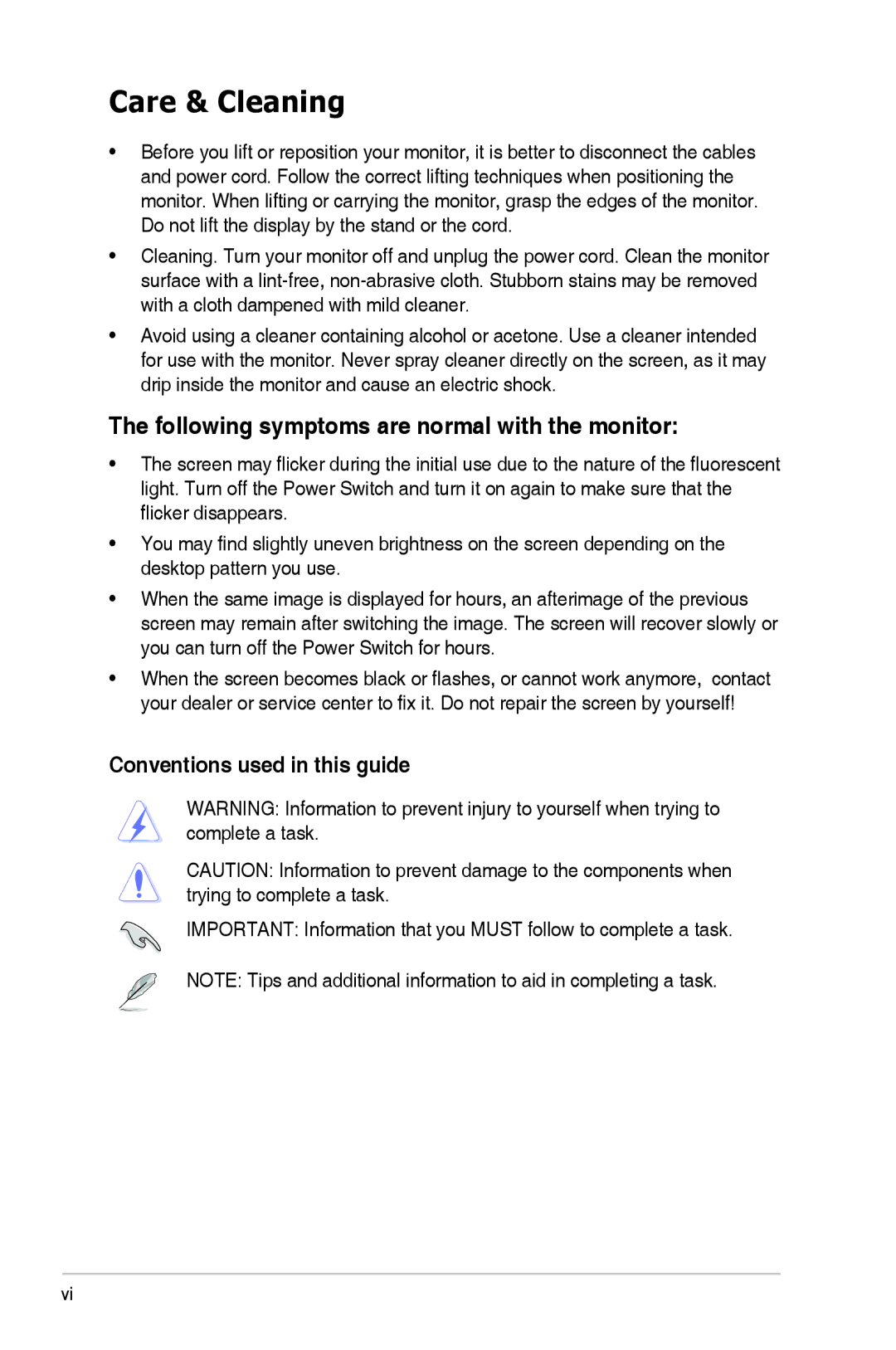 Asus ML249 manual Care & Cleaning, Following symptoms are normal with the monitor, Conventions used in this guide 