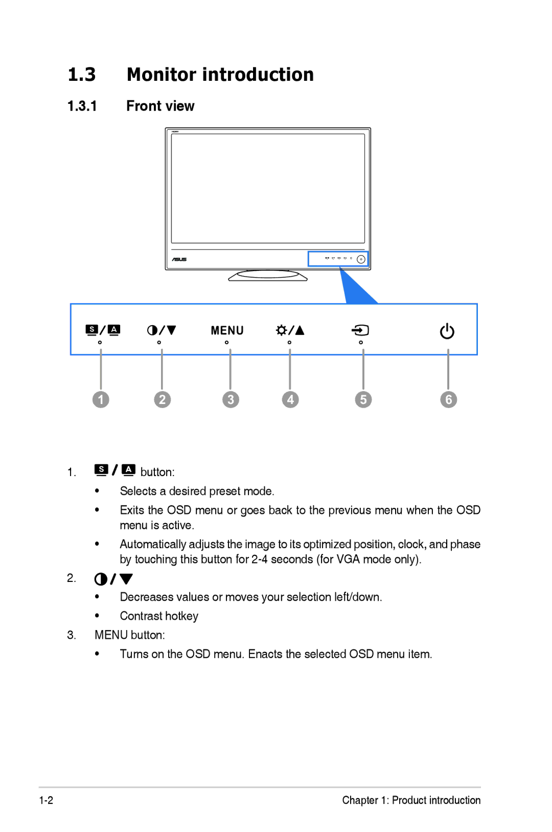 Asus ML249 manual Monitor introduction, Front view 