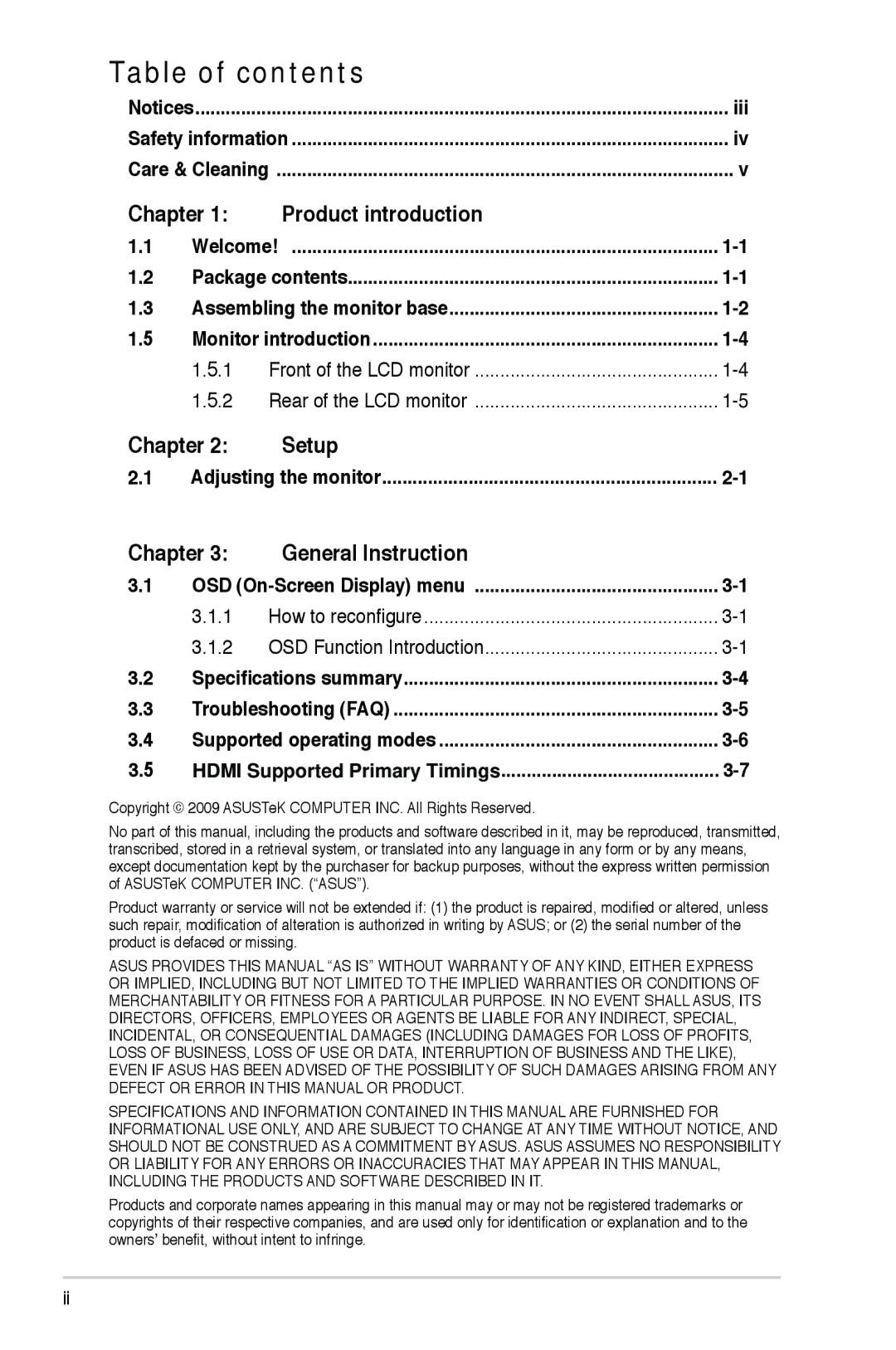 Asus MS227N, MS226H manual Table of contents 