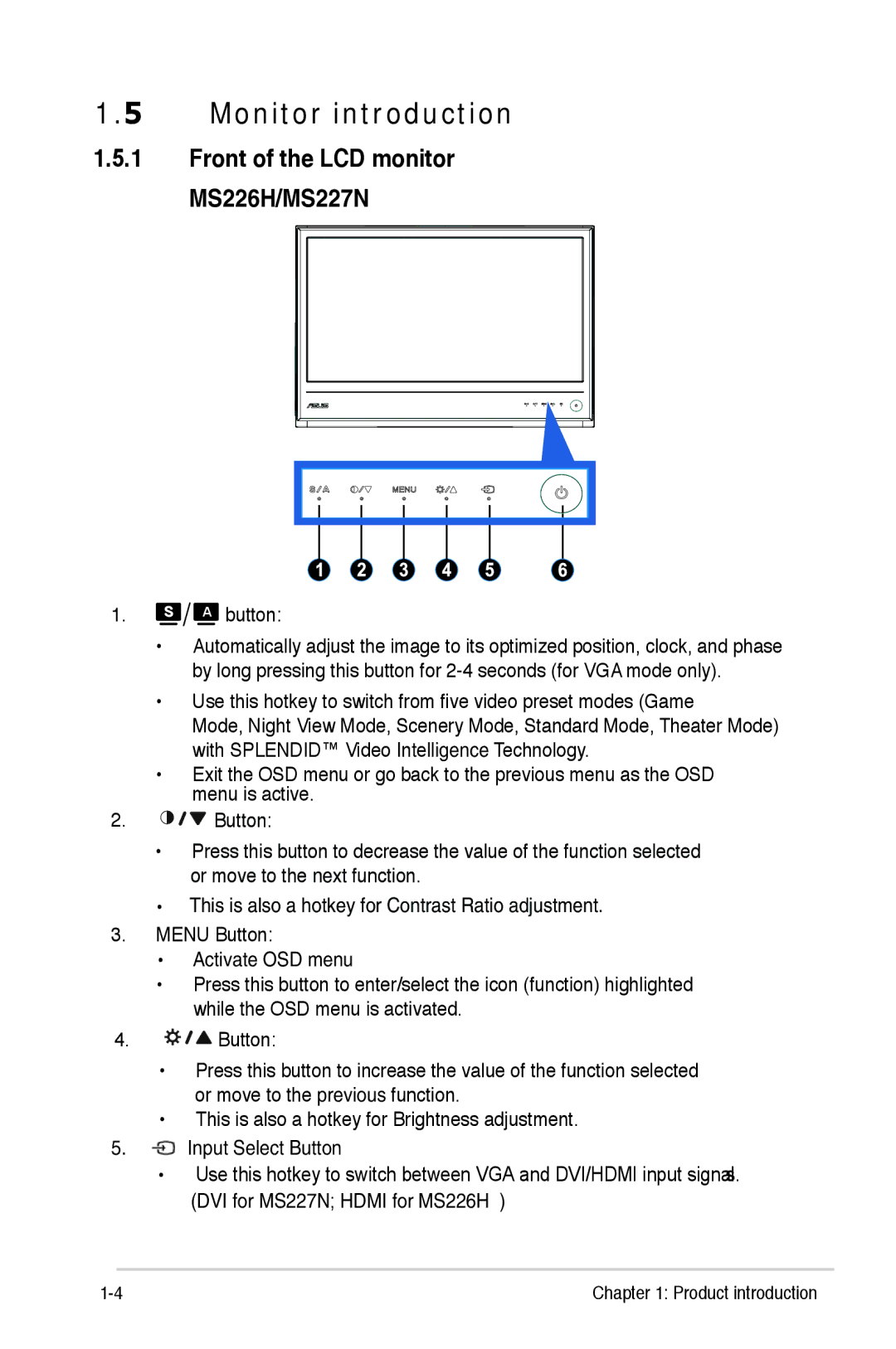 Asus MS227N, MS226H manual Monitor introduction, Button 