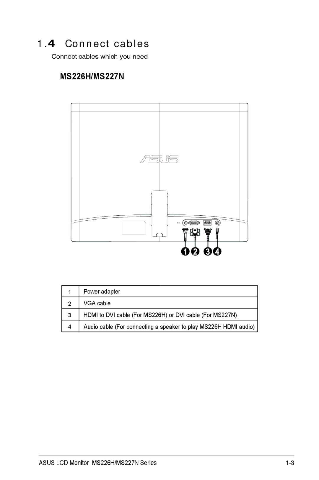 Asus manual Connect cables, MS226H/MS227N 