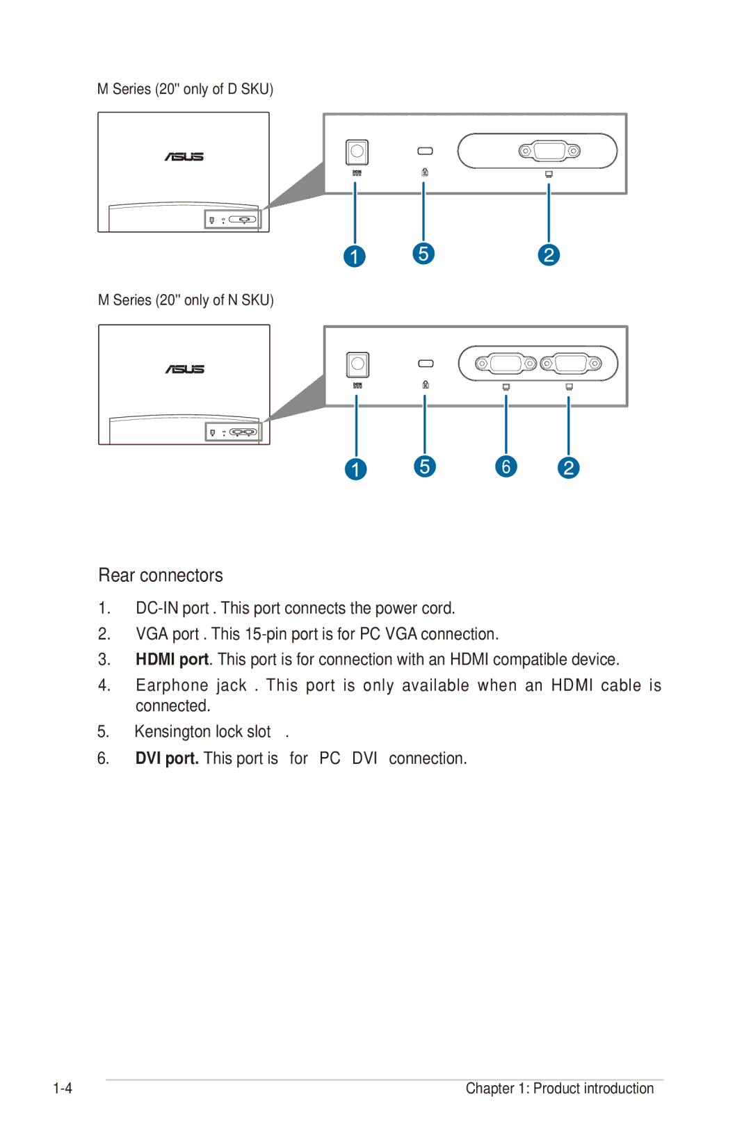 Asus MS238, MS248, ML239, MS236, MS246, M SERIES manual Rear connectors, Kensington lock slot 