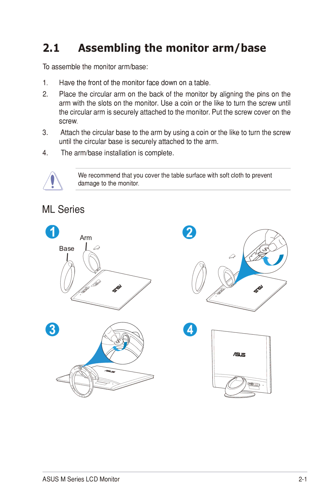 Asus M SERIES, MS248, ML239, MS236, MS246, MS238 manual Assembling the monitor arm/base 