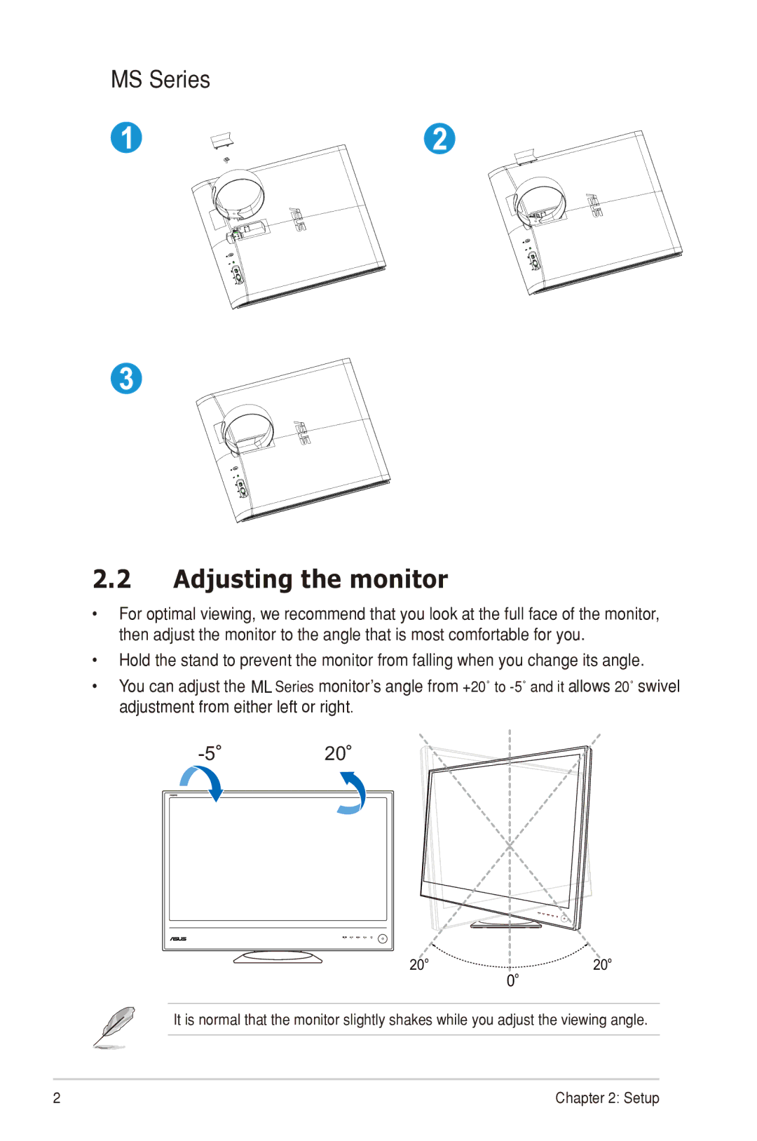 Asus MS248, ML239, MS236, MS246, MS238, M SERIES manual Adjusting the monitor 