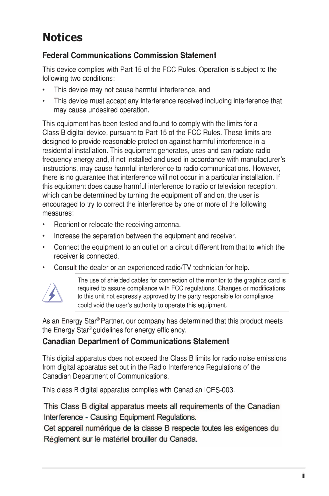 Asus MS246, MS248, ML239, MS236 Federal Communications Commission Statement, Canadian Department of Communications Statement 