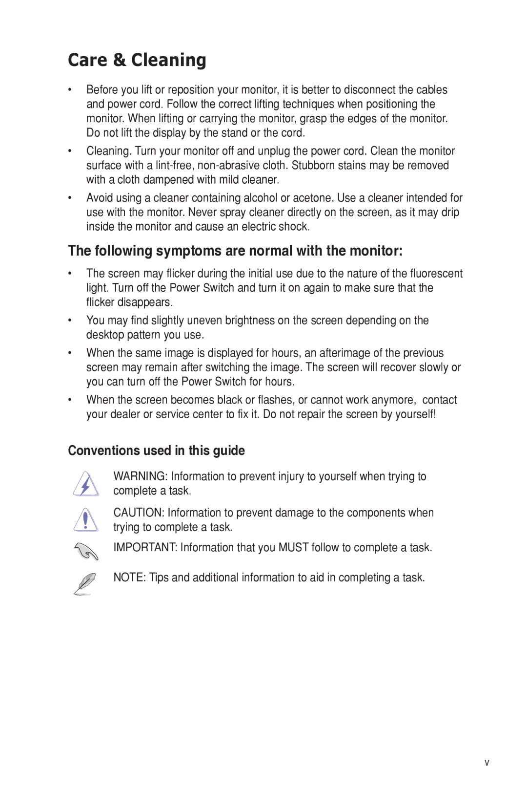 Asus M SERIES, MS248, ML239 Care & Cleaning, Following symptoms are normal with the monitor, Conventions used in this guide 