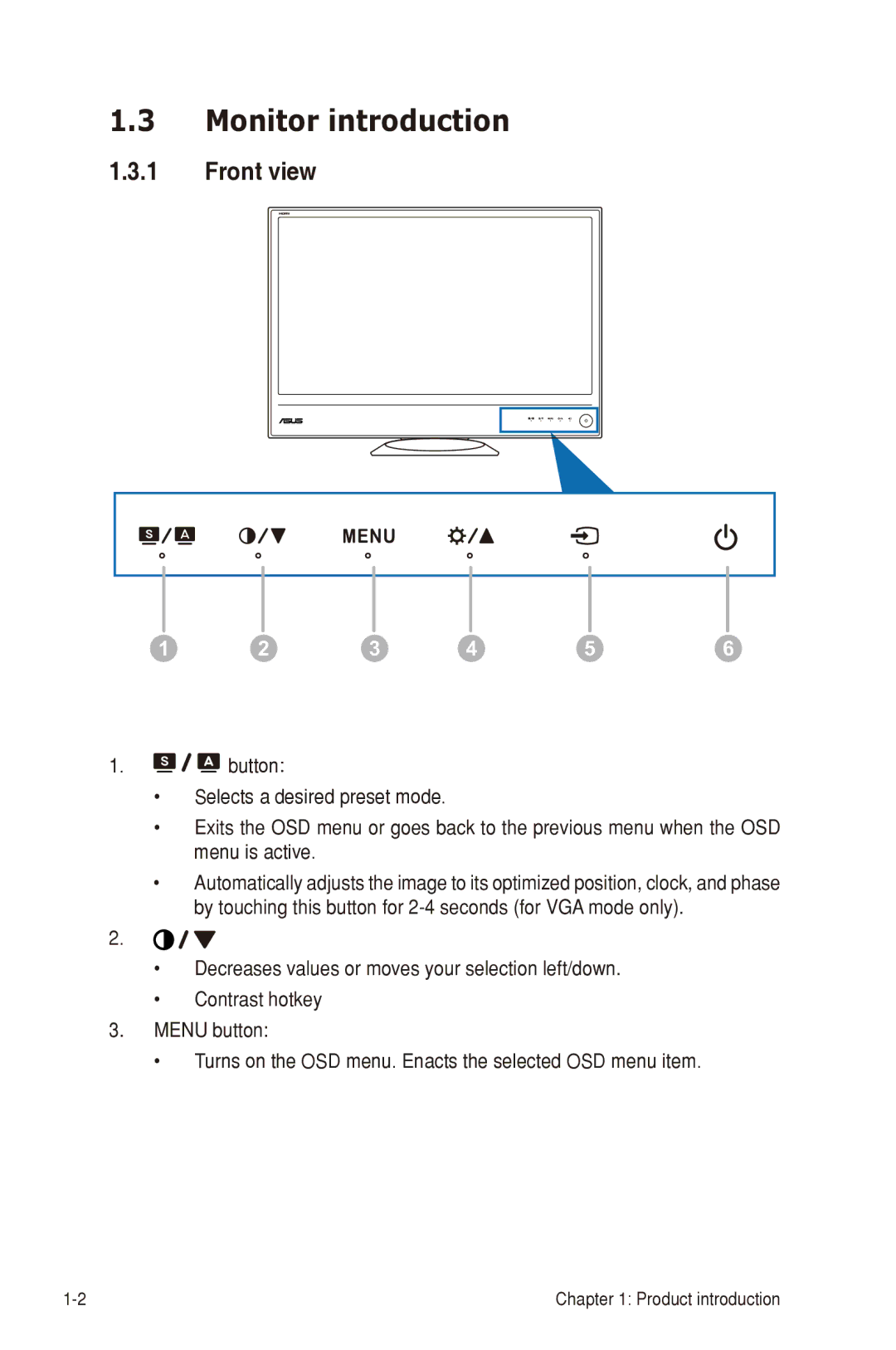 Asus MS236, MS248, ML239, MS246, MS238, M SERIES manual Monitor introduction, Front view 