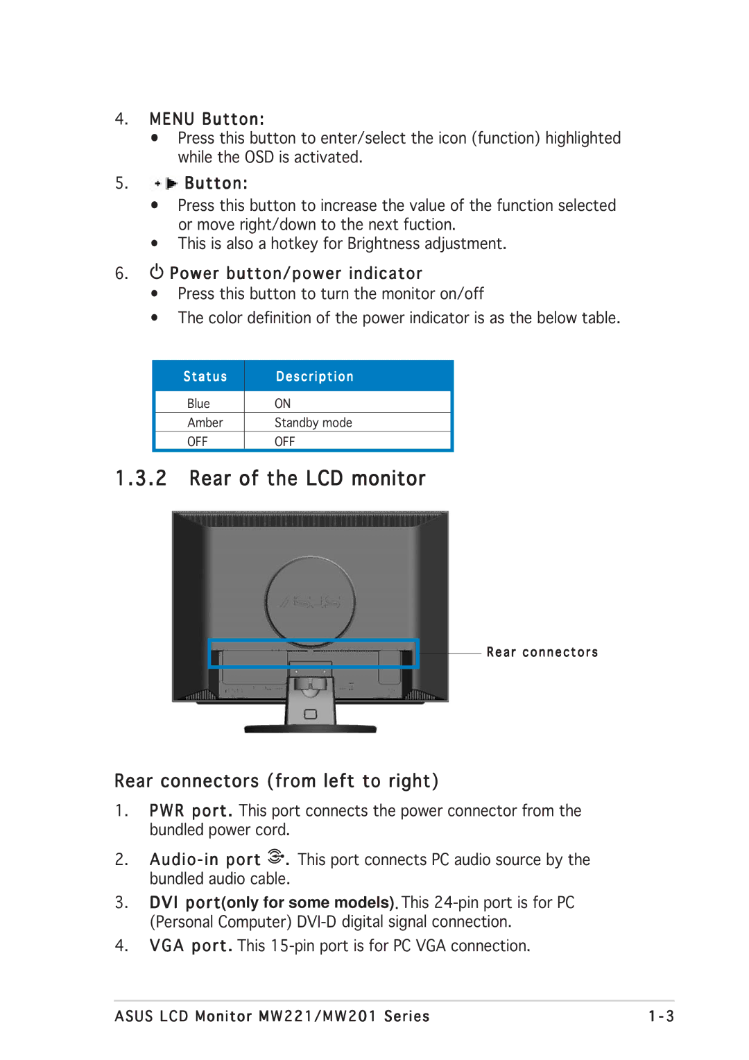 Asus MW201, MW221 Rear of the LCD monitor, Rear connectors from left to right, Menu Button, Power button/power indicator 