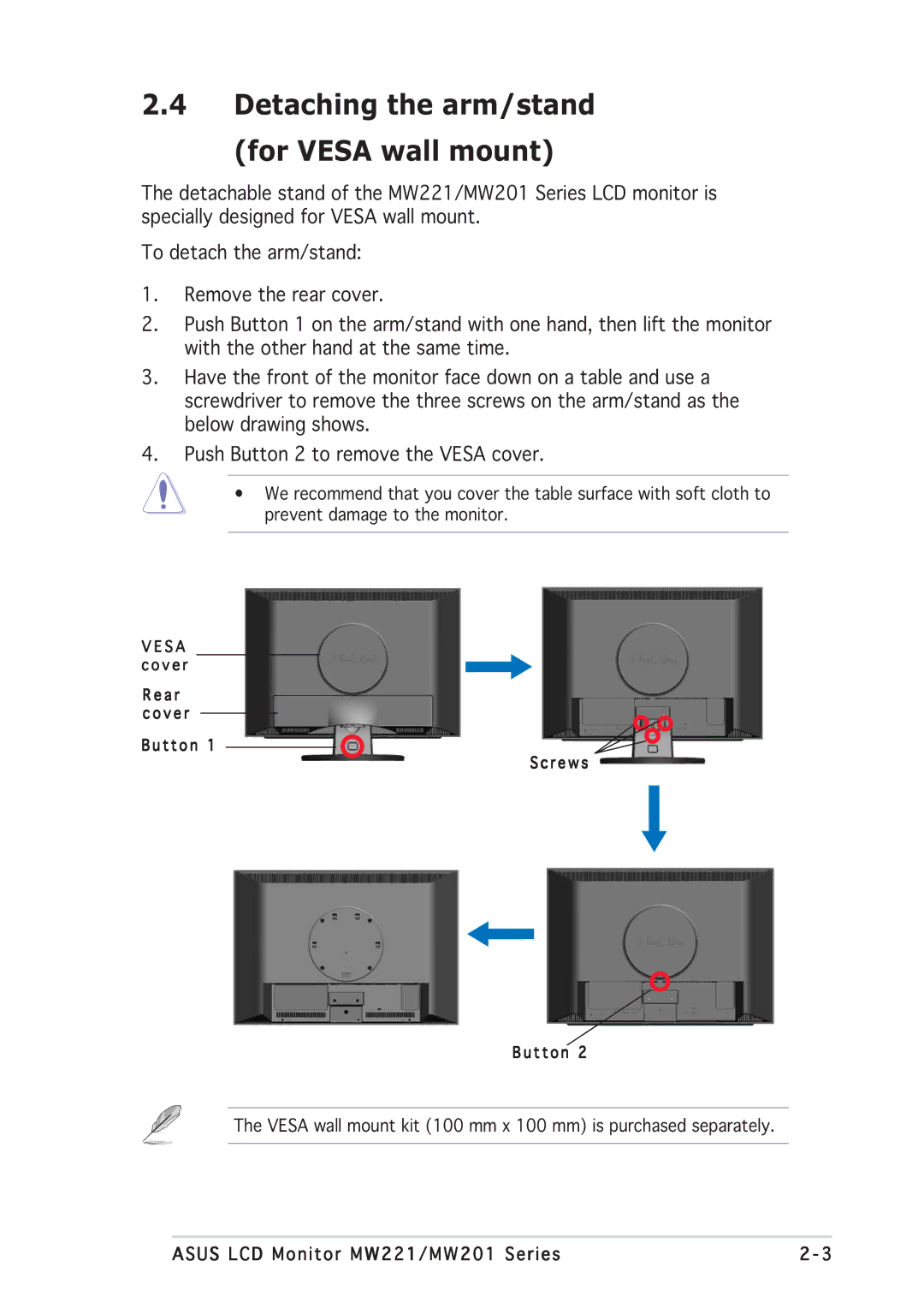 Asus MW201, MW221 manual Detaching the arm/stand For Vesa wall mount 