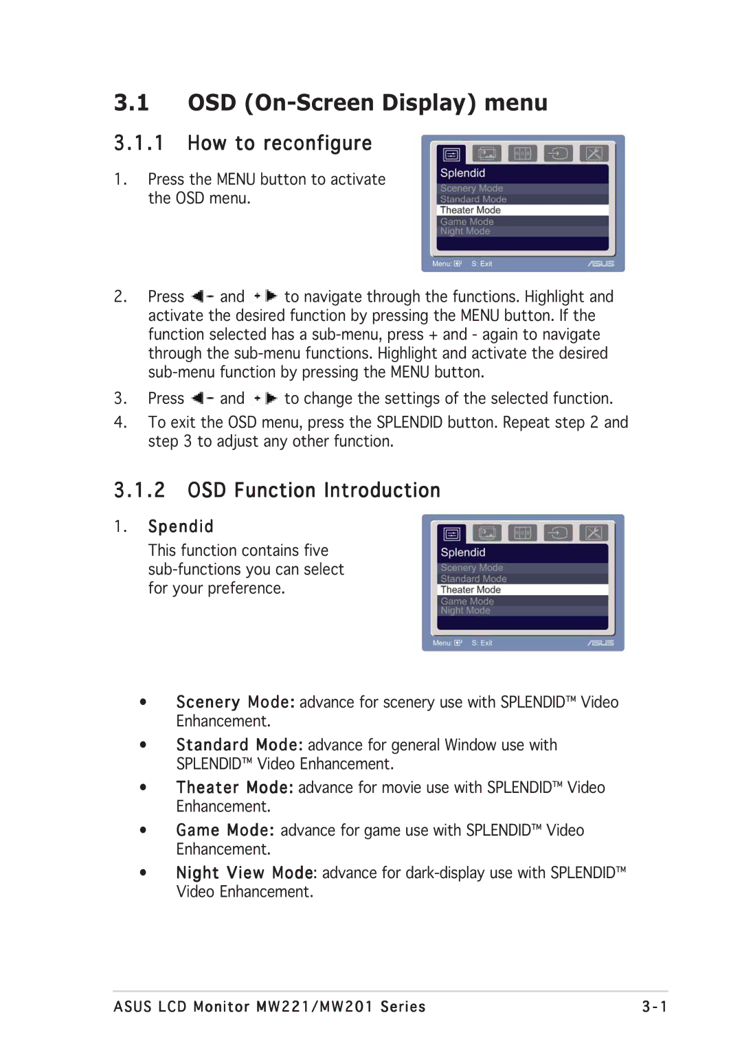 Asus MW201, MW221 manual OSD On-Screen Display menu, How to reconfigure, OSD Function Introduction, Spendid 