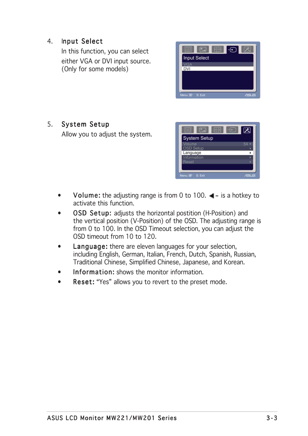 Asus MW201, MW221 manual Input Select, System Setup 