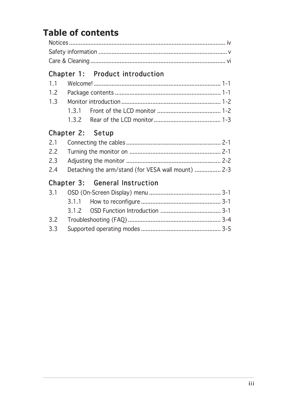 Asus MW201, MW221 manual Table of contents 