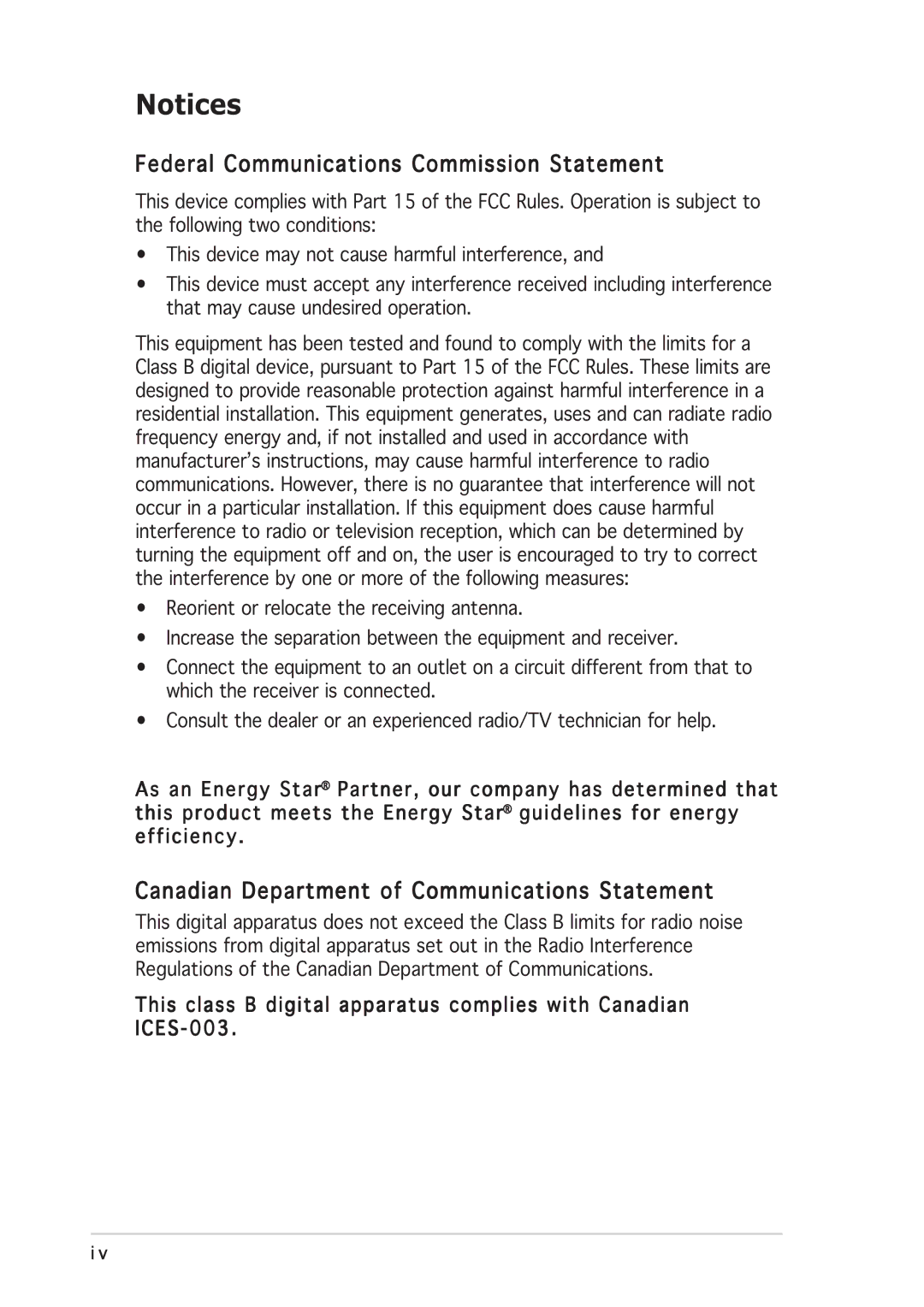 Asus MW221, MW201 manual Federal Communications Commission Statement, Canadian Department of Communications Statement 