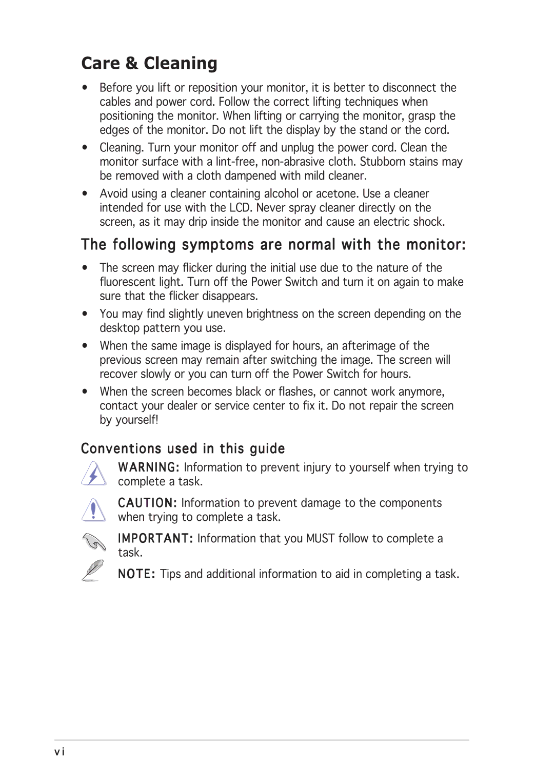 Asus MW221, MW201 manual Care & Cleaning, Following symptoms are normal with the monitor, Conventions used in this guide 