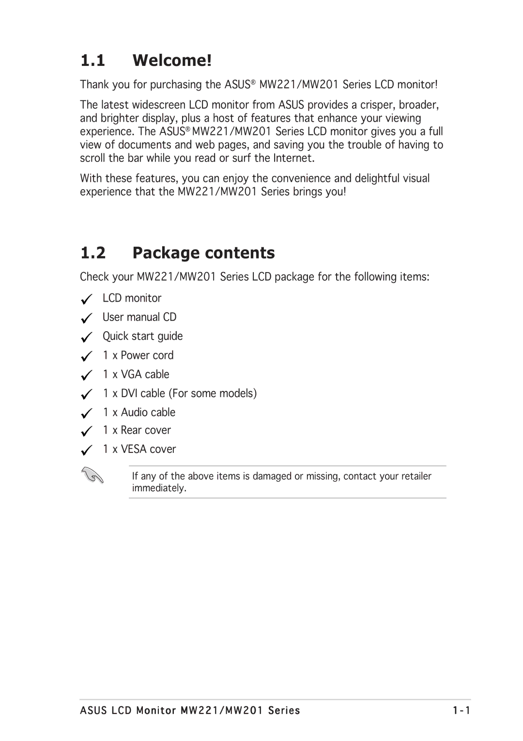 Asus MW201, MW221 manual Welcome, Package contents 