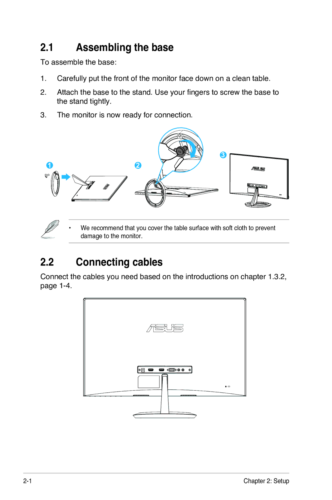 Asus MX239H manual Assembling the base, Connecting cables 