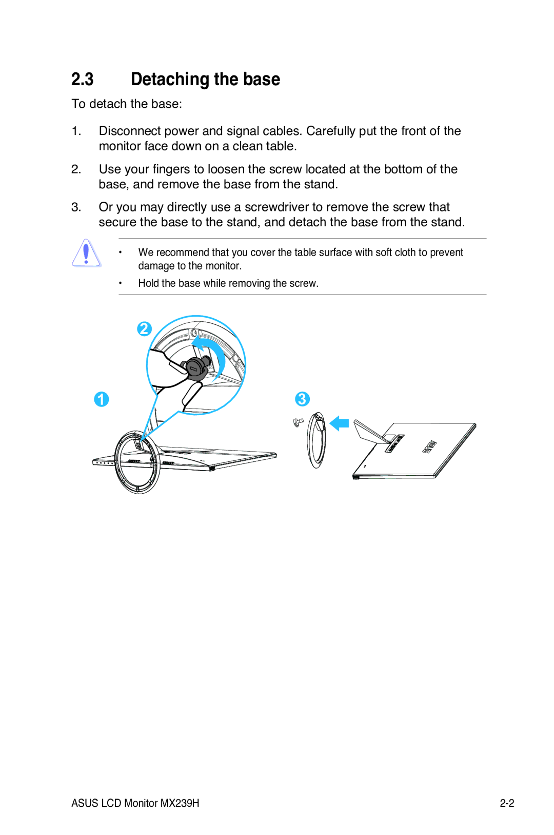 Asus MX239H manual Detaching the base 