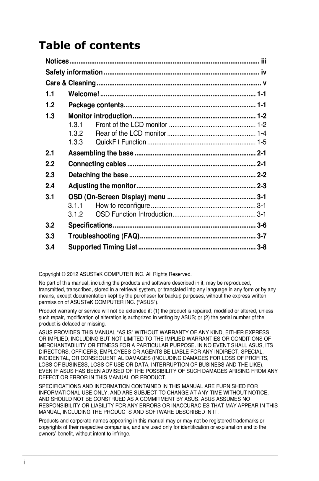 Asus MX239H manual Table of contents 