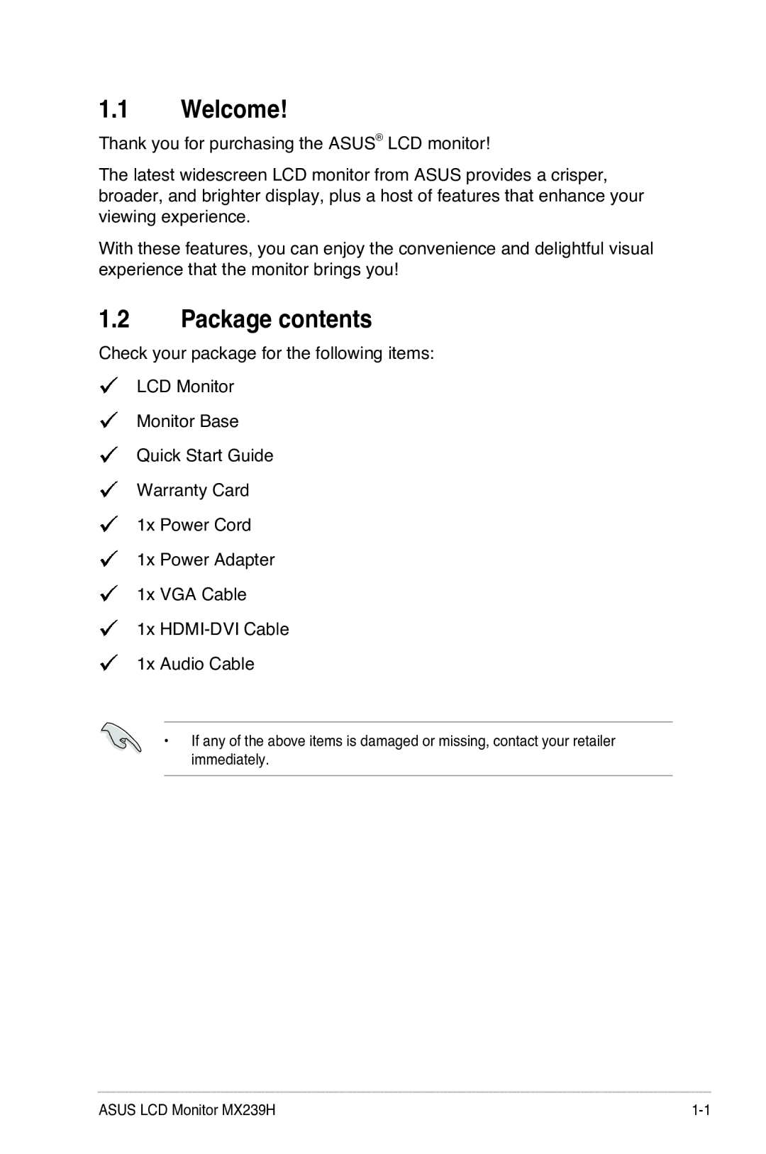 Asus MX239H manual Welcome, Package contents 