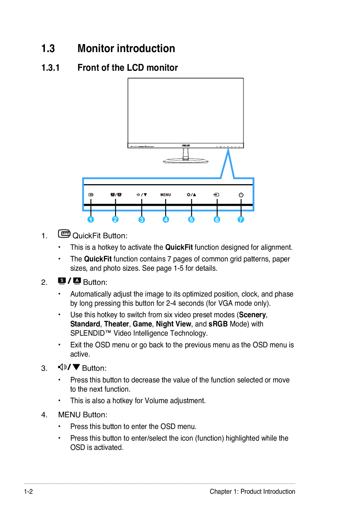 Asus MX239H manual Monitor introduction, Front of the LCD monitor 