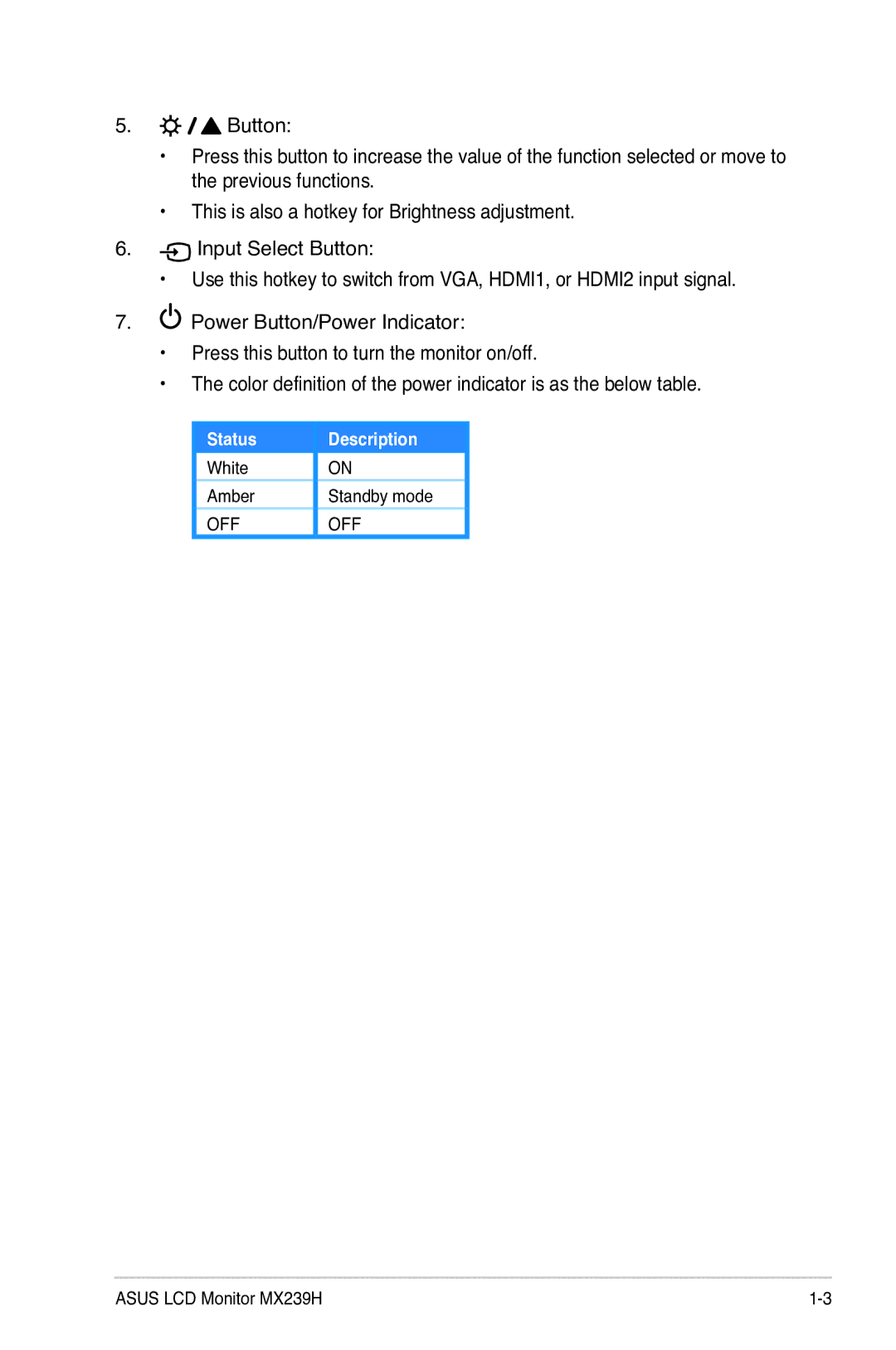 Asus MX239H manual Status Description 