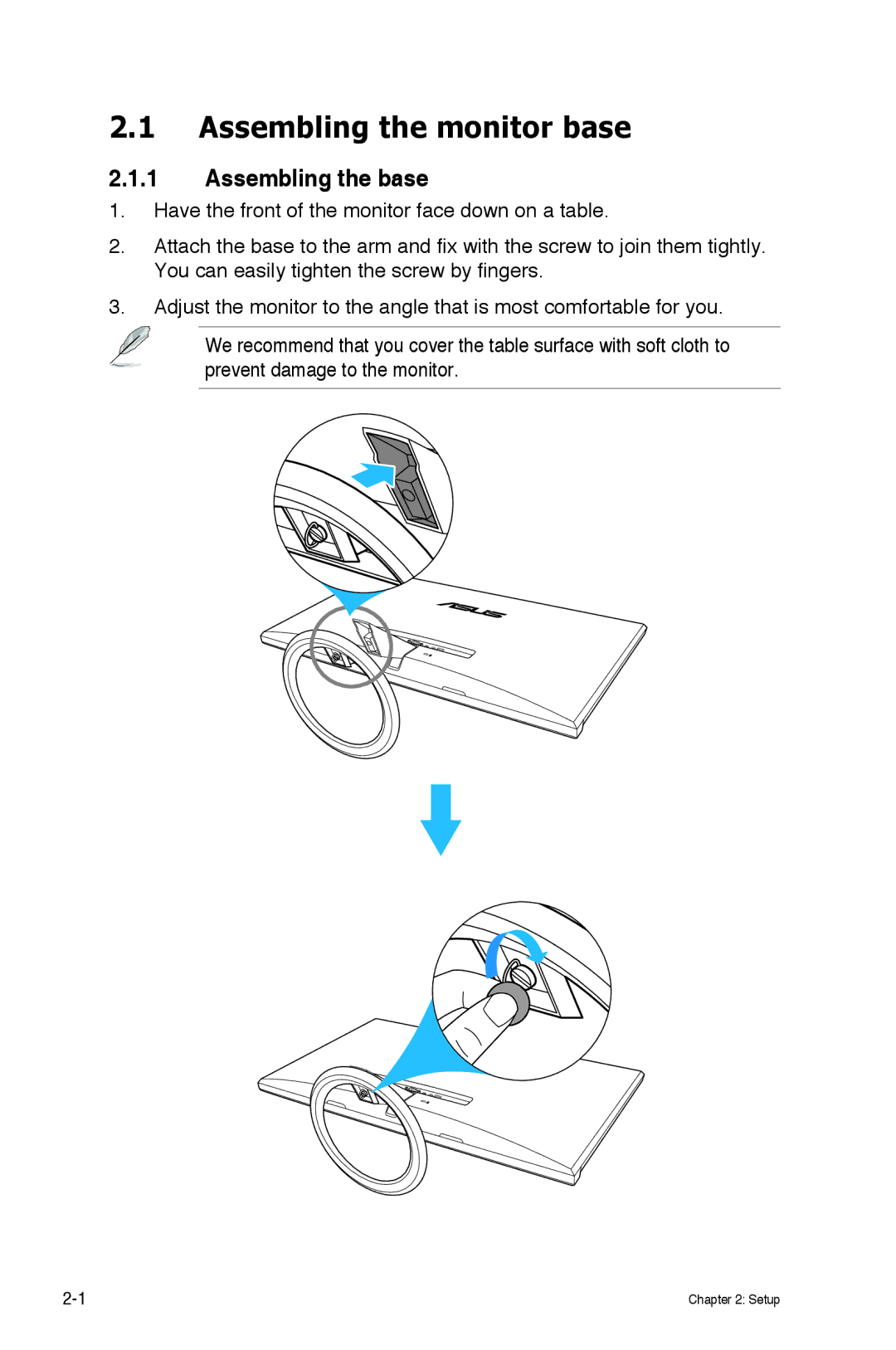 Asus MX279H manual Assembling the monitor base, Assembling the base 