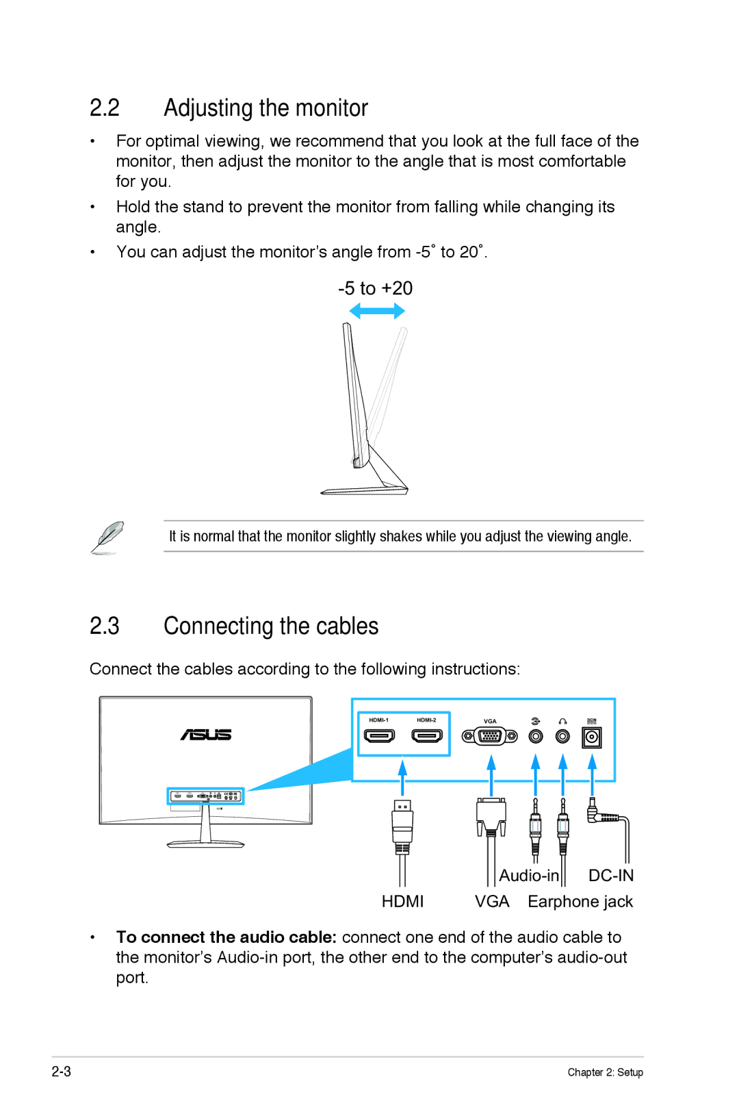 Asus MX279H manual Adjusting the monitor, Connecting the cables 